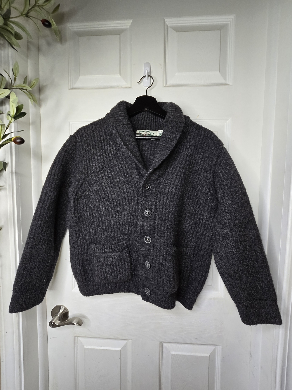 Aran Crafts Gray Wool Shawl Collar Button Cardigan Jacket Pockets Fits Boxy M